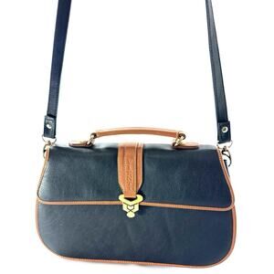 Vienti Black Faux Leather Satchel Bag Brown Trim Crossbody Shoulder Purse